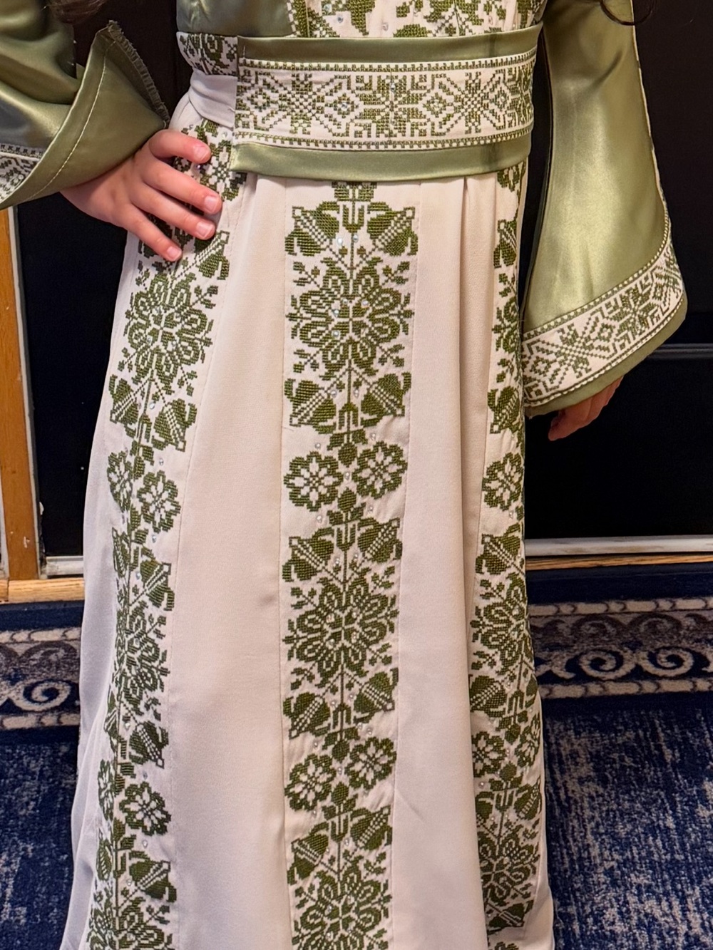 Girls Olive Green & Cream Embroidered Dress